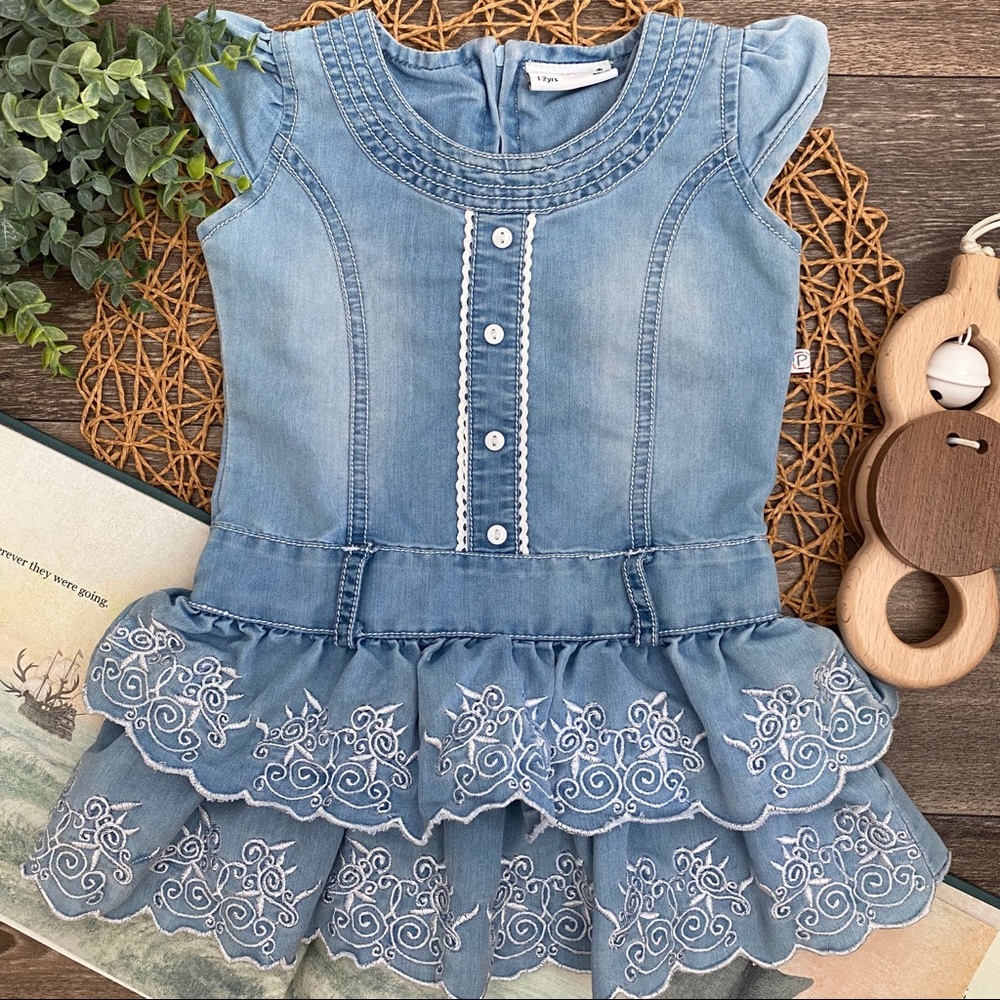 PEPPERMINT Chambray Denim Ruffle Prairie Dress 1-2